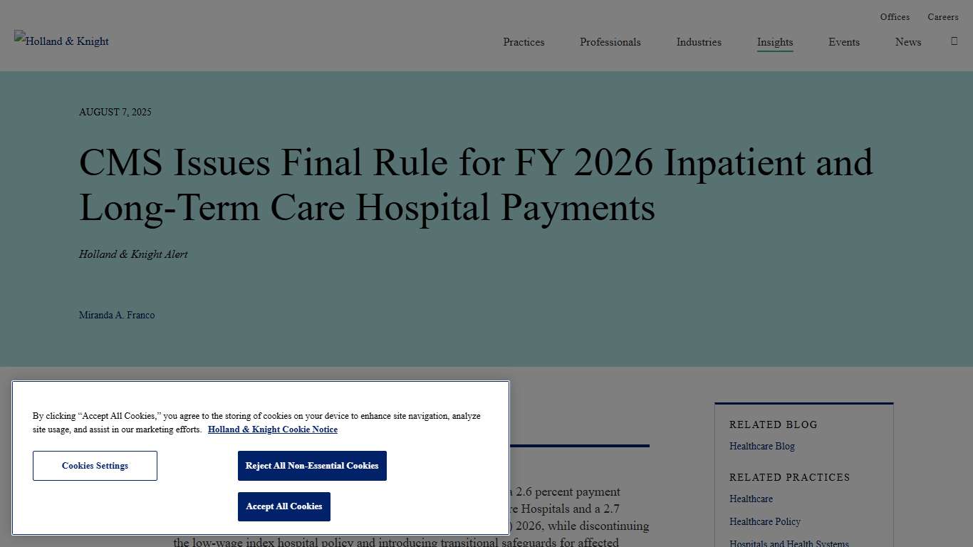 CMS Issues Final Rule for FY 2026 Inpatient and Long-Term Care Hospital Payments Insights Holland & Knight