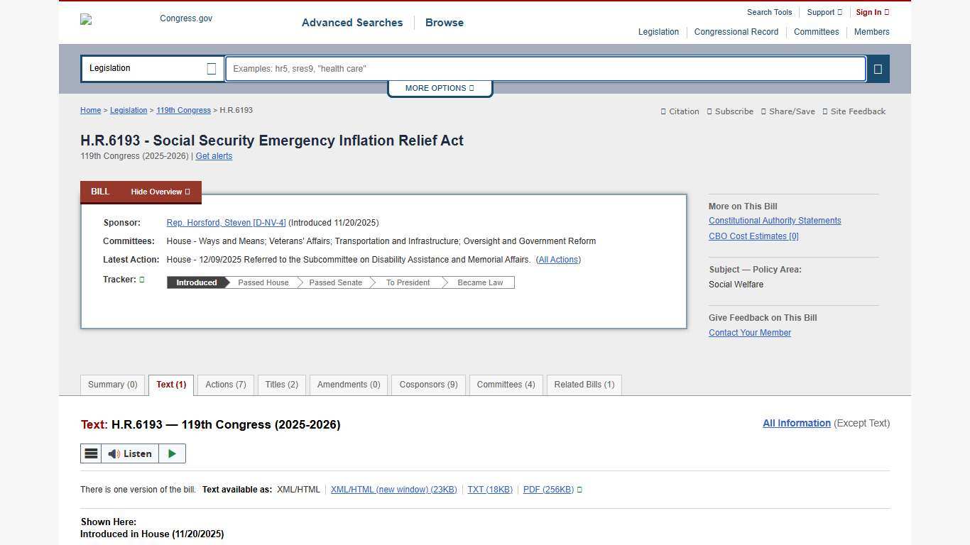 Text - H.R.6193 - 119th Congress (2025-2026): Social Security Emergency Inflation Relief Act Congress.gov Library of Congress